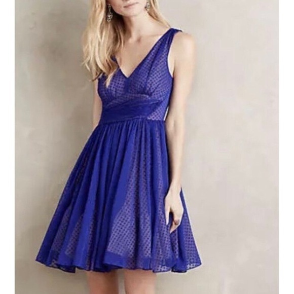 NWT. Anthropologie HD in Paris 4 Flared Blue Dot Dress. - Picture 2 of 12